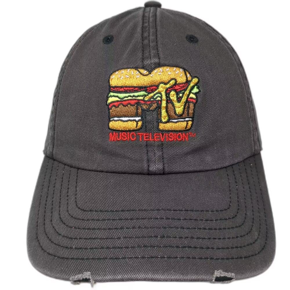 MTV Baseball Cap Gray Slideback Hat OS Embroidered Distressed Cheeseburger Logo